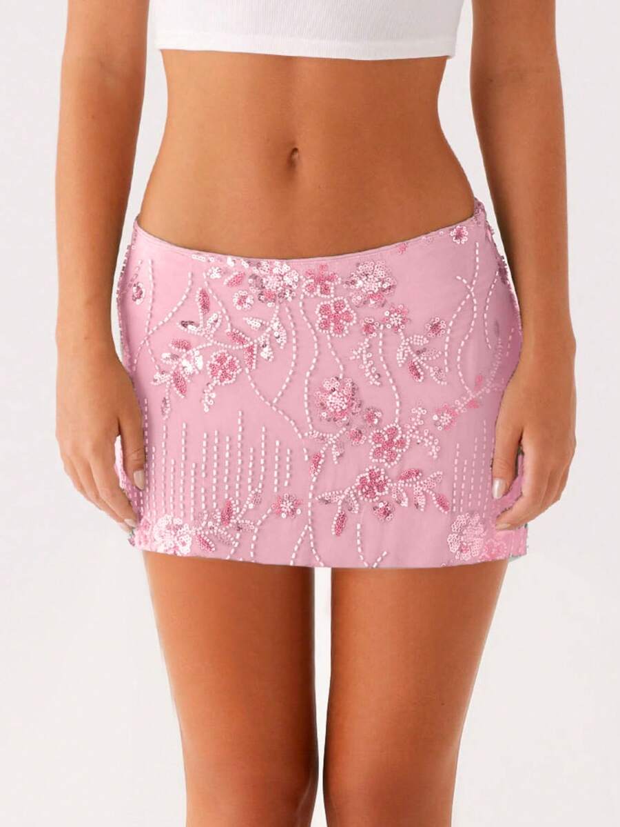 Womens Sequin Beaded Mini Skirt Y2k Sparkly Floral Low Rise Bodycon Short Skirt Pearl Embellished Slim Fit Pencil Skirt Micro Skirt Bling Glitter Rhinestone Going Out Skirts Party Club Streetwear - 粉色 - 查看 1