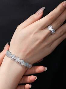 2pcs Set Luxury Elegant Smiling Face Bangle And Ring Set, Fashion Minimalist Copper Alloy Cubic Zirconia Jewelry Set, Valentine's Jewelry Gift