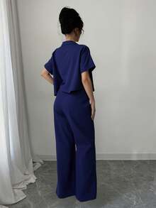 Set de 2 piezas de conjunto de pantalones y blusa con botones de unicolor para vacaciones - Azul Marino - Ver 2