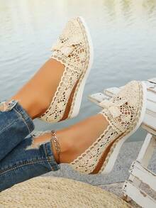 Pointy Toe Plain Color Bohemian Bowknot Wedge Platform Women's Slip-On Dress Shoes, Woven Hollow Out, Suitable For Party, Spring/Summer - Beige - View 2