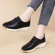 Women's Casual Height-Increasing Wedge Loafers - Lightweight, Versatile Slip-On Shoes With TPR Sole, Synthetic Upper & Insole, Lace-Up Design, Black, All-Season Comfort, Casual Footwear | Casual Style | Footwear