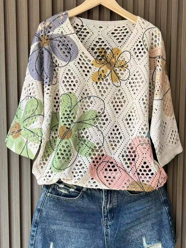 Floral Print V-Neck Fashionable Drop Shoulder Hollow Out Knit Sweater