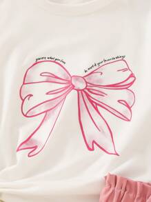 2 pièces/Set Ensemble de tenues d'été pour jeune fille 2025 - T-shirt imprimé nœud et shorts avec ceinture, vêtements légers pour tout-petits convenant aux anniversaires, rassemblements familiaux, été et automne (Âge 2-3, 4-5, 6-7 ans)