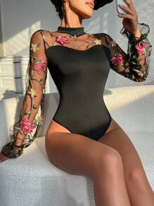 1pc Elegant Vintage Floral Embroidery Mesh Puff Sleeve Bodysuit For Women