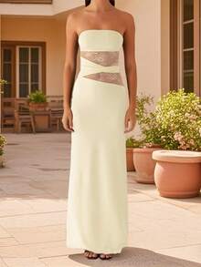 Women's Summer Long Tube Dress Sheer Lace Patchwork Sleeveless Strapless Backless Bodycon Ankle Length Dress - Màu vàng - Xem 2