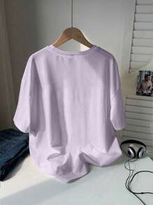Teen Girl Loose Plus Size Casual Cute Milk Tea Cartoon Pattern Printed Round Neck Pullover Short Sleeve T-Shirt New Summer Style, Suitable For School Students' Shopping Outfits During Vacation