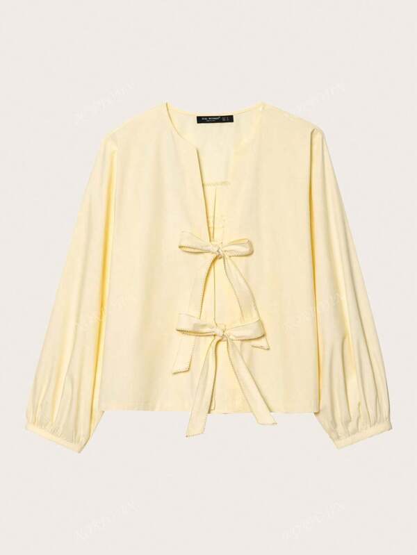 Women's Solid Color Bowknot Long Sleeve Blouse, Suitable For Spring And Autumn