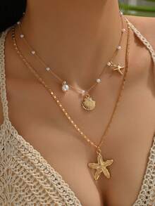 2pcs/Set Summer Fresh Faux Pearl Necklace With Charms, Fashion Ocean Life Pendant Jewelry Set Suitable For Women Daily/Vacation Wear, Handmade Length Adjustable, Varying Number Of Faux Pearl Beads