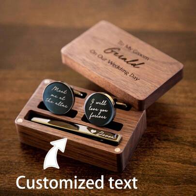 Anpassade personliga manschettknappar - Metallmanschettknappar, slipsklämmor och träaskar, Bröllopsmanschettknappar med slipsklämmor, Presenter till marskalkar, Anpassade presenter till fästman/make, Födelsedag, Jubileum, Smekmånadspresenter, Presenter till män, Slitstarka, Färgglada, Söta, Bedårande, Roliga, Kawaii, Y2K, Snygga, Unisex, Casual, Anpassade, Personliga, Unika, Anpassade, Perfekta presenter till honom, Perfekta presenter till henne, Henne, Pojkvän, Flickvän, Familj, Vänner