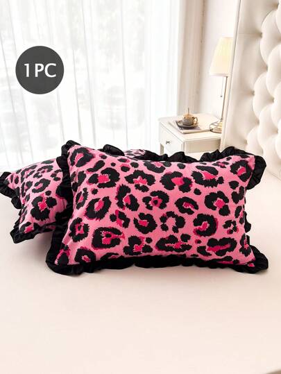 1pc 100%Polyester, Pink Leopard Print Lace Pillowcase, No Insert,Romantic Wedding Season,Bedroom Decoration
