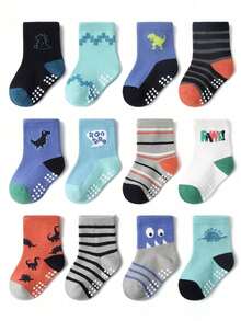 6双/12双防滑卡通星星印花婴儿/儿童袜子，透气幼儿男童/女童防摔袜 - 彩色 - 查看 13