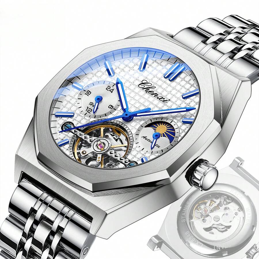 Men's Octagonal Case Design Automatic Mechanical Watches Tourbillon Skeleton Luminous Moon Phase Waterproof Men's Watches Fashion Simple Men's Watches