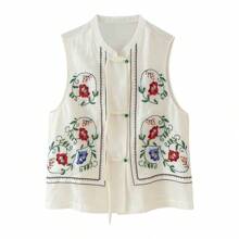 ZEVITY Sleeveless Flower & Leaf Embroidered Button Decor Chinese Style Shirt LS2556