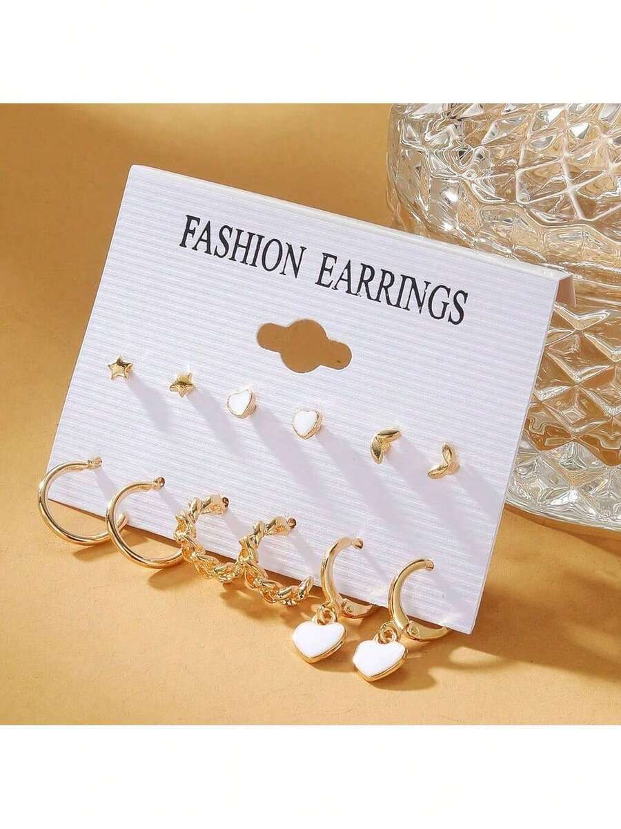 Fashion Star Heart Shaped Earrings Set Six Pieces Simple Fashion Gold Earrings - 金色 - 查看 1