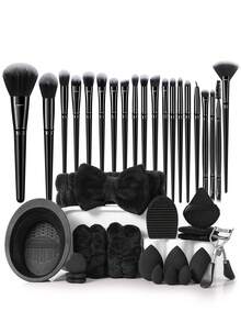 38pcs Makeup Brush & Sponge Set, Includes 20 Soft Bristle Makeup Brushes (Powder, Blush, Contour, Foundation, Nose, Eye Shadow, Eyebrow, Lip, Detail), 3 Makeup Sponges, 3 Makeup Triangular Puffs, 3 Mini Makeup Sponges, 2 Brush Cleaning Tools, 1 Eyelash Curler, 1 Headband, 2 Wristbands - Black - View 1