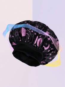 1 Stück Satin Bonnet mit Sternenmuster und Mond Personalisierung, breiter elastischer Satincap Nachtmütze