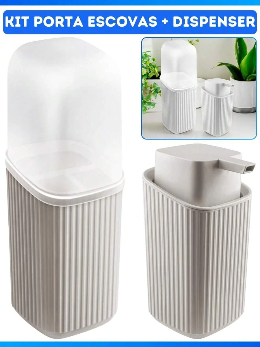 Soap Dispenser And Toothbrush Holder Kit With Lid Modern Design - Light Grey - View 1