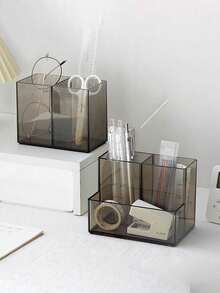 1pc Clear Acrylic 3-Compartment Pen Holder, Minimalist High-End Desk Organizer Box For Office/Student School Supplies, Back To School - Black - View 2