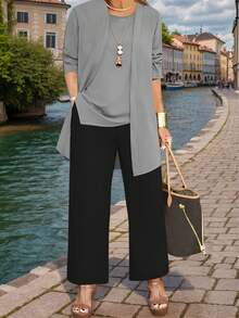 3pcs/Set Women Casual Solid Color Outfit: Jacket Cardigan + Round Neck Sleeveless Tank Top + Elastic Waist Draped Pocket Straight Leg Pants, Spring/Autumn/Winter