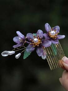 1 pieza / Elegante pinza para el cabello con diseño de flor de melocotón morado de gran tamaño, de 7CM de largo, con estilo antiguo chino, decoración para el cabello, cheongsam, borla larga, de material metálico con retención permanente del color, fácil de usar