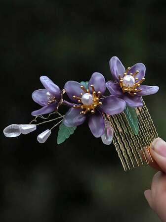 1 件/优雅紫色胖桃花设计发夹，长 7 厘米中国古风旗袍发饰，长流苏，金属材质永久保色，易于使用，婚礼