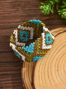 1pc Bohemian Style Beaded Elastic Bracelet For Women (Bead Color And Floral Pattern May Vary Slightly)