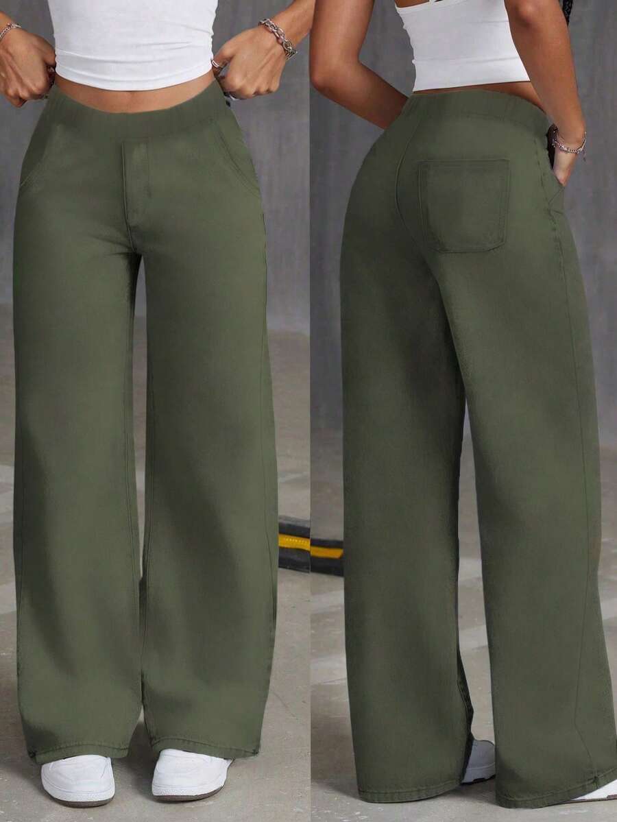 1 件青少年女孩简单宽松休闲户外训练口袋直筒裤，春夏秋季 - 軍綠色 - 查看 1