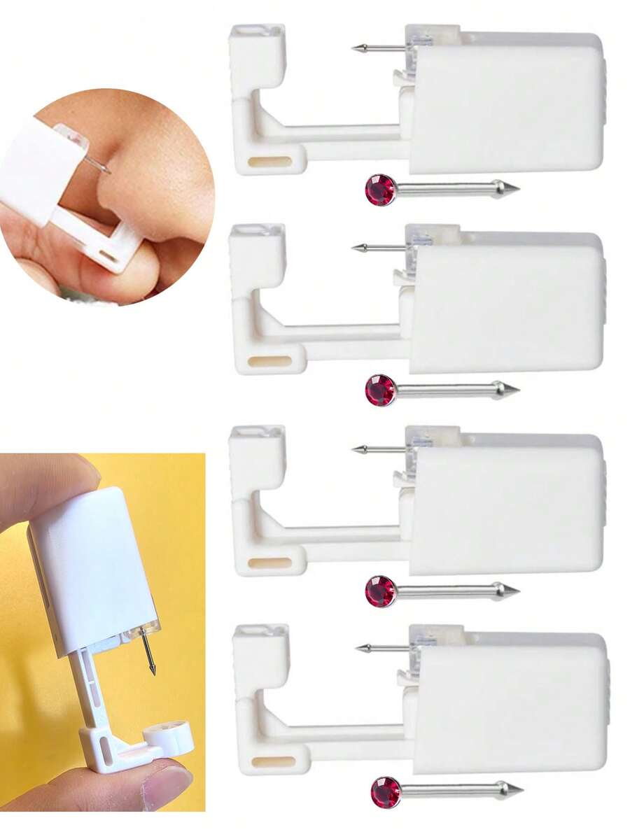 2/4/10pcs Disposable Sterile Nose Piercing Gun For Self Piercing, Embedded Stainless Steel CZ Nose Stud - Red - View 1