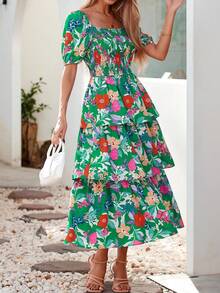 Women Summer Puff Short Sleeve Midi Dress Floral Printed Square Neck Smocked Dress Ruffle Tiered Flowy Long Dress Casual Spring Holiday Vacation Garden Boho Bohemian Wedding Guest Valentine Maxi Dress - 綠色橘色花 - 查看 4