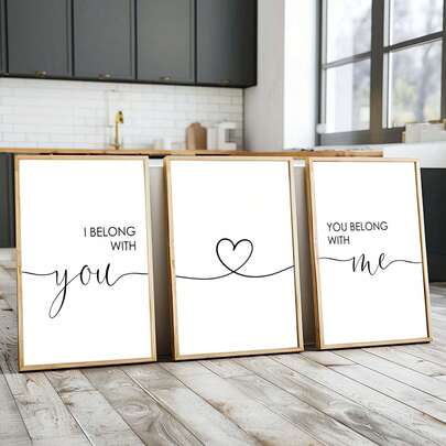 Juego de 3 cuadros de arte de pared con citas de pareja: "Pertenezco contigo", "Corazón", "Tú perteneces conmigo". Pintura en lienzo de estilo tipográfico minimalista para decoración del dormitorio, sala, regalo para ella, decoración del hogar, vacaciones, cumpleaños y oficina. Opcional incluye marco.