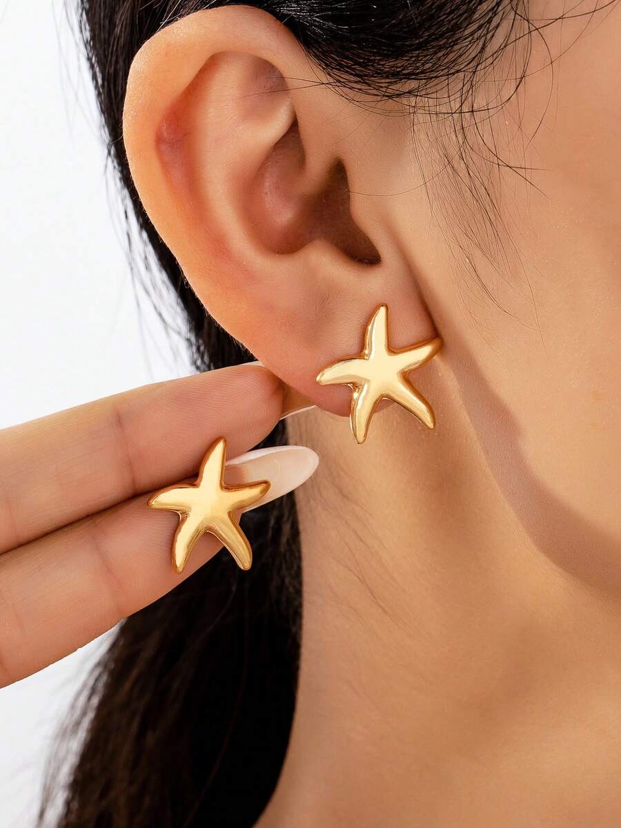 1 对简约迷你金色海星耳钉,时尚海滩海洋风格女士珠宝,适合日常佩戴和度假 - 金黃色 - 查看 1