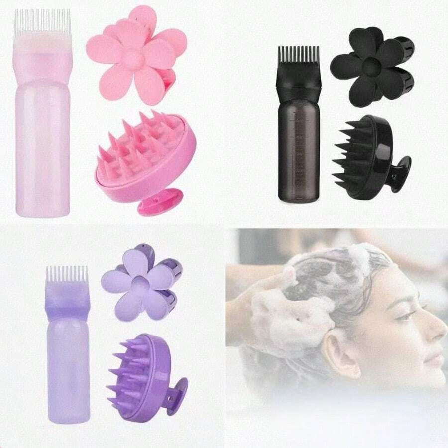 3 件套全新按摩洗发刷、染发梳、洗发瓶、发饰花夹、美发工具套装、返校、旅行度假必需品、女士发饰 - 彩色 - 查看 1