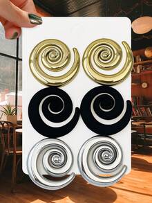 6 Cặp Hoa tai tròn mạ điện màu súng, vàng và bạc, phong cách thời trang Châu Âu và Mỹ dành cho phụ nữ hàng ngày, tiệc tùng, quà tặng - Ba cặp hình tròn - Xem 12