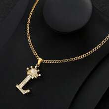 Collar con colgante de letra con corona de circonita para hombres y mujeres, collar de cadena con inicial tipo hip hop, regalo de joyería para mejores amigos - collar - Ver 35