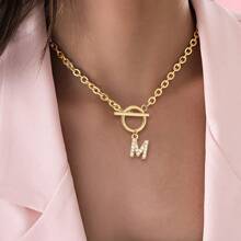 1 peça Nova Moda Zircônia Pave Inicial Pingente Fechos de Alternância Colares de Corrente de Aço Inoxidável Dourado para Mulheres