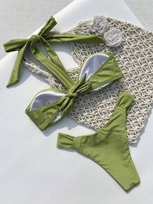 Women's Sexy Backless Lace-Up Green Bikini Set - Green - View 4