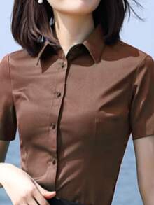 Blusa de manga corta rosa Primavera/Verano 2025, ropa de trabajo de oficina para mujeres, uniforme profesional de negocios - Marrón - Ver 2