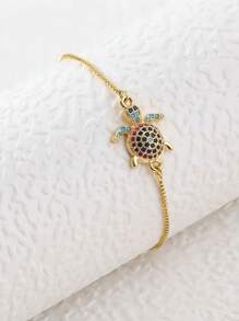 1pc European And American Personalized Fashionable Sea Turtle Design Cz Micro-Inlaid Turtle Decor Retractable Bracelet For Daily Wear