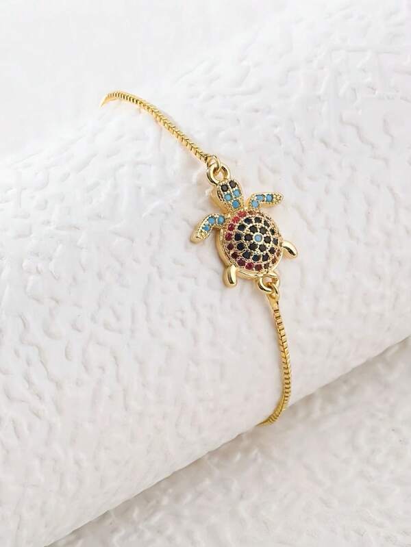 1pc European And American Personalized Fashionable Sea Turtle Design Cz Micro-Inlaid Turtle Decor Retractable Bracelet For Daily Wear