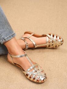 Women Hollow Out T-Strap Flat Sandals Roman Shoes Summer Shoes Cross Strap Pig Pen Flat Sandals Bronze Sandals T-Strap Sandals Retro Sandals Bronze Shoes Metal Flat Shoes Backless Mule Women Sandals - Gold - View 4
