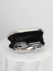 Elegant Leaf Pattern Pleated Box-Shaped Evening Bag, Women's Fashion Handbag Suitable For Weddings, Parties, And Galas. High-Quality Chain Shoulder/Crossbody Bag - Silver - View 6