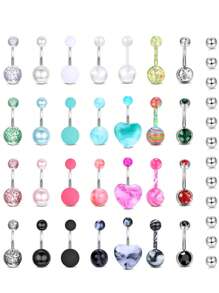 7pcs/40pcs 14G Surgical Steel Navel Rings, Women Belly Button Ring Replacement Balls, Acrylic Pearl Heart Shaped Navel Piercing Jewelry, Suitable For Festival Gifts