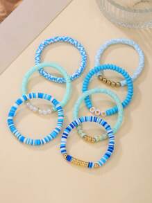 Conjunto de 7 peças/conjunto elegante de joias com contas de argila polímero CCB em formato de coração e pérolas artificiais, adequado para uso diário feminino, presente para família, namorada, melhor amiga, férias na praia, festival, aniversário, festa