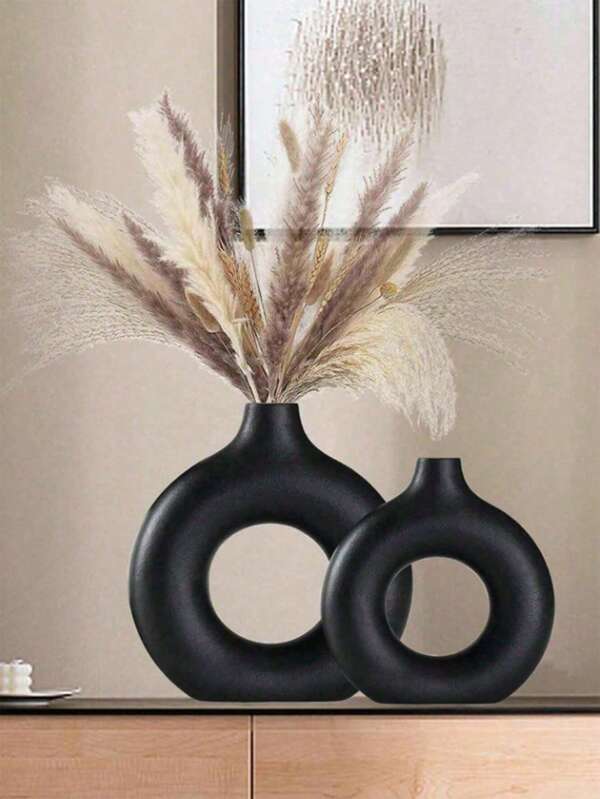 1pc Black Plastic Circular Flower Vase Decoration, Simulated Dry Flower Decoration Vase, Artistic Vase For Floral Arrangements, Simple Fall Living Room Exhibition Hall Decoration,Home Decor,Flower Vase,Centerpiece,Table Decor Valentine's Day, Valentines Room Decor Living Room Decor