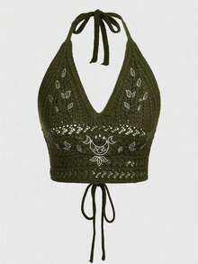 Elegant Hollow Embroidery Pattern Halter Neck Knit TopTop, Suitable For Vacation, Beach, Travel, Casual Wear, Available In Plus Size And Petite Summer - Olive Green - View 4