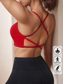 1 Pieza Sujetador Deportivo Inalámbrico de Punto Acanalado Sexy y Sin Espalda para Mujer