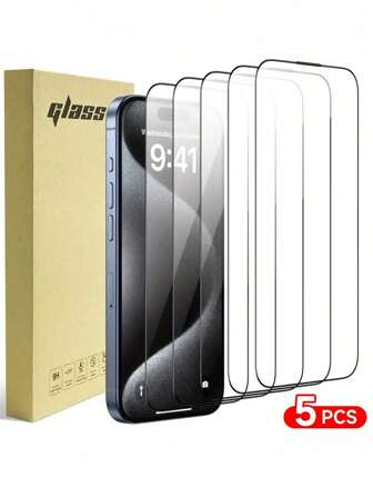 5pcs Tempered Glass Screen Protector, Compatible With Apple X/XS/XR/11/12/13/14Plus/15Pro Max Series, Ultra-Clear, 9H Hardness, Scratch/Shatter Proof, Dustproof, Easy Installation, Applicable To 16ProMax/16/16Pro/16Plus Screen Printed High Definition Glass Film