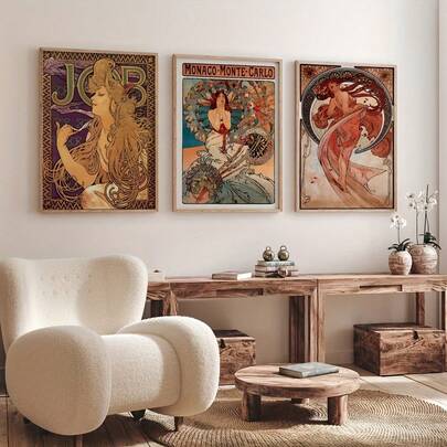 3pcs/ Set Of Framed Canvas Retro Art Poster, Portrait Of Alphonse Mucha, Which Is Very Suitable For The Art And Decoration Of Bedroom Living Room Corridor Wall.