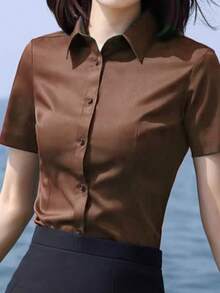 Blusa de manga corta rosa Primavera/Verano 2025, ropa de trabajo de oficina para mujeres, uniforme profesional de negocios - Marrón - Ver 3