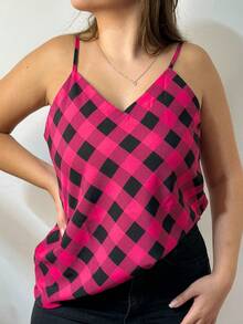Women's Tank Top With Adjustable Straps Basic Crepe Strappy Top - Pink Chess - View 1
